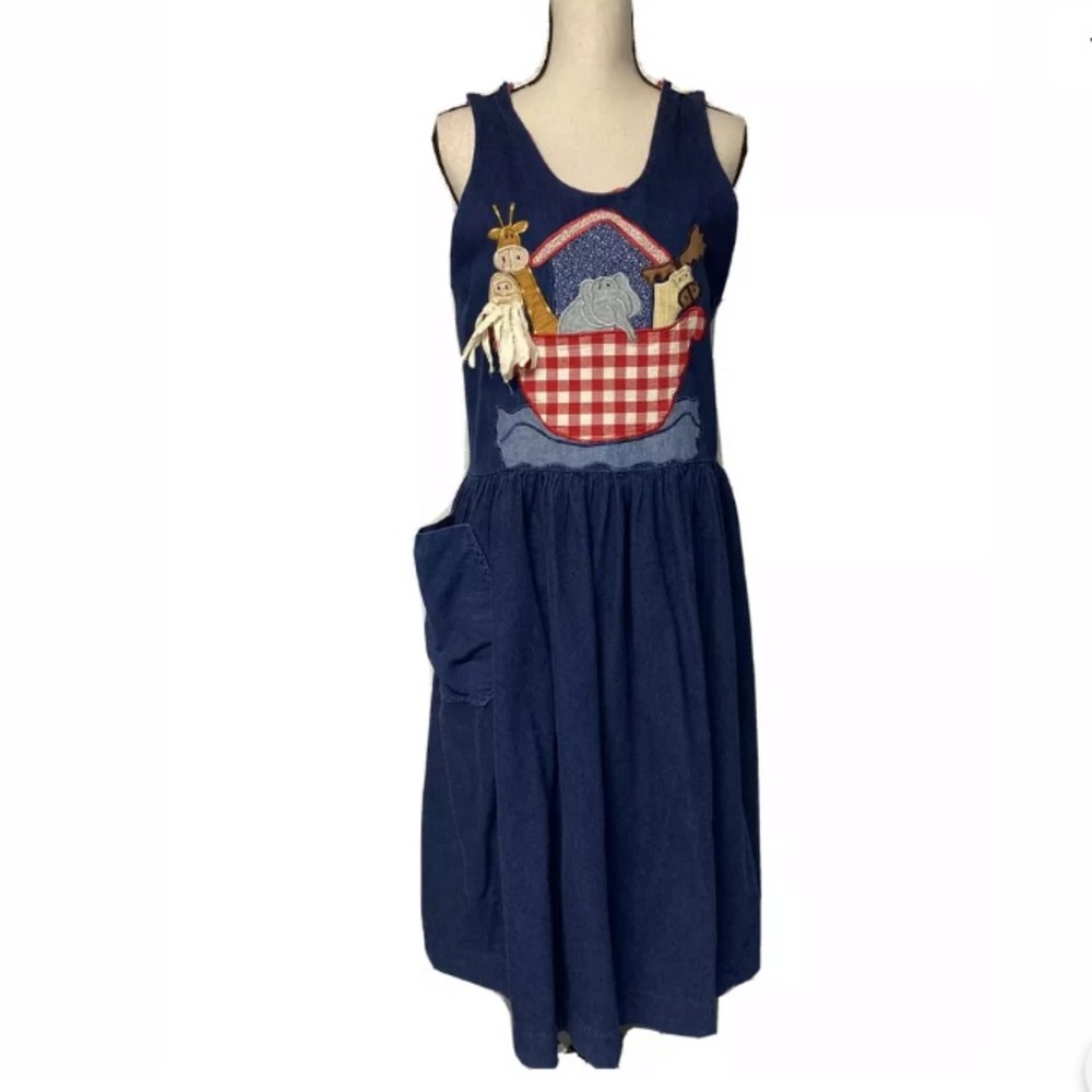 Navy Blue Denim Sleeveless Dress with Fun Animal Appliqué Patch design